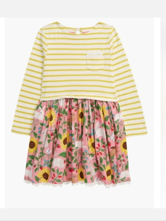 Mini Boden Other - Mini Boden Yellow Striped Top with Pink Floral Bunny Print Skirt Dress Size 7-8